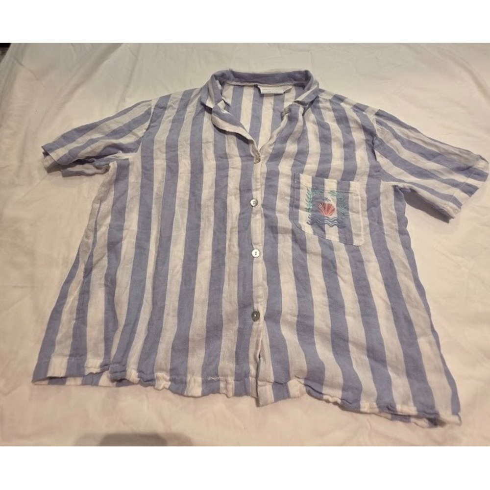 Cynthia Rowley Blue White Striped Cotton Seashell Embroidered Shirt Womens Med